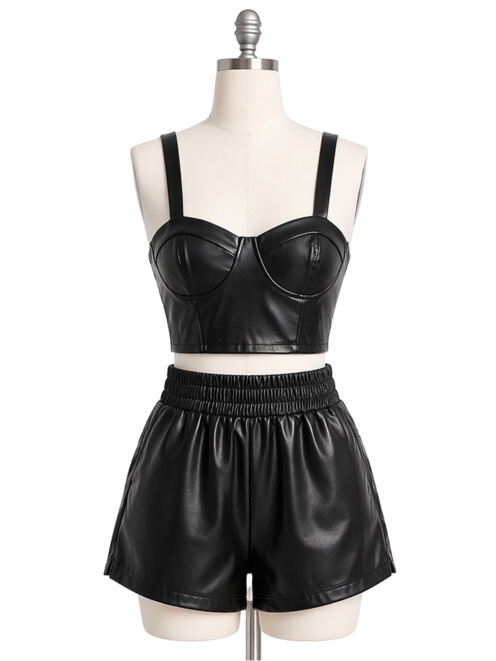 Faux Leather Black Bustier Crop Top and Shorts Set